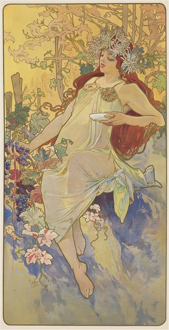 ALPHONSE MUCHA (1860-1939). [THE SEASONS]. Group of 4 decorative panels. 1896. Each approximately 41½x22 inches, 105½x56 cm. [F. Champe